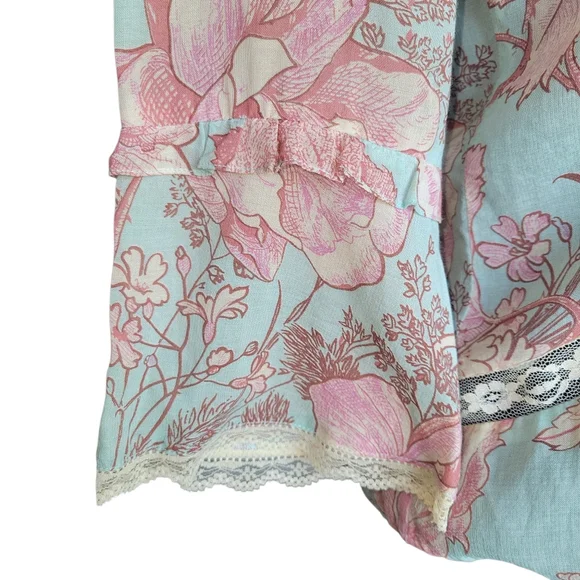 Odille Anthropologie Teal and Pink Vintage Floral Lace Trim Blouse Womens Size 2 - Picture 9 of 10